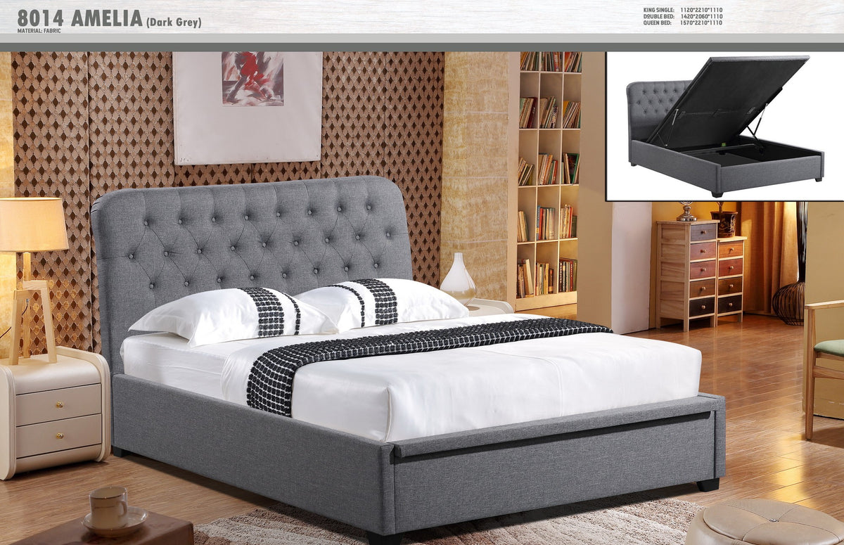Amelia Gas Lift Double Bed - Sleek Dark Grey Upholstery & Storage