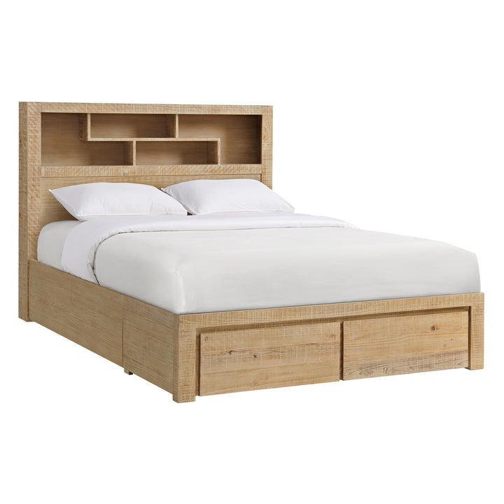 Canton Timber King Bed in Breeze featuring built-in bookcase and storage draws