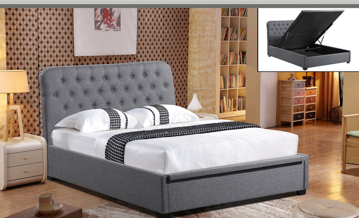 Amelia Gas Lift Dark Grey Fabric King Single Bed exuding modern elegance
