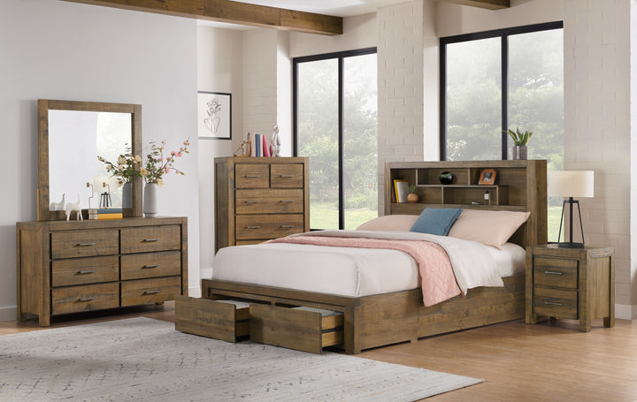 Brandon Timber Queen Bed W/ Bookcase & 2 Drawers - Cigar
