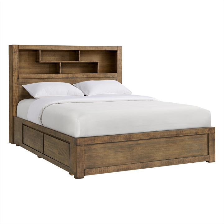 Brandon Timber King Bed W/ Bookcase & 4 Drawers - Cigar