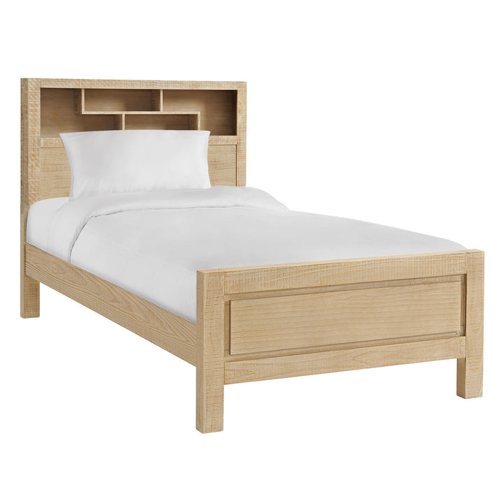 Canton Timber King Single Bed with an integrated bookcase in Breeze finish, showcasing its elegant and functional design