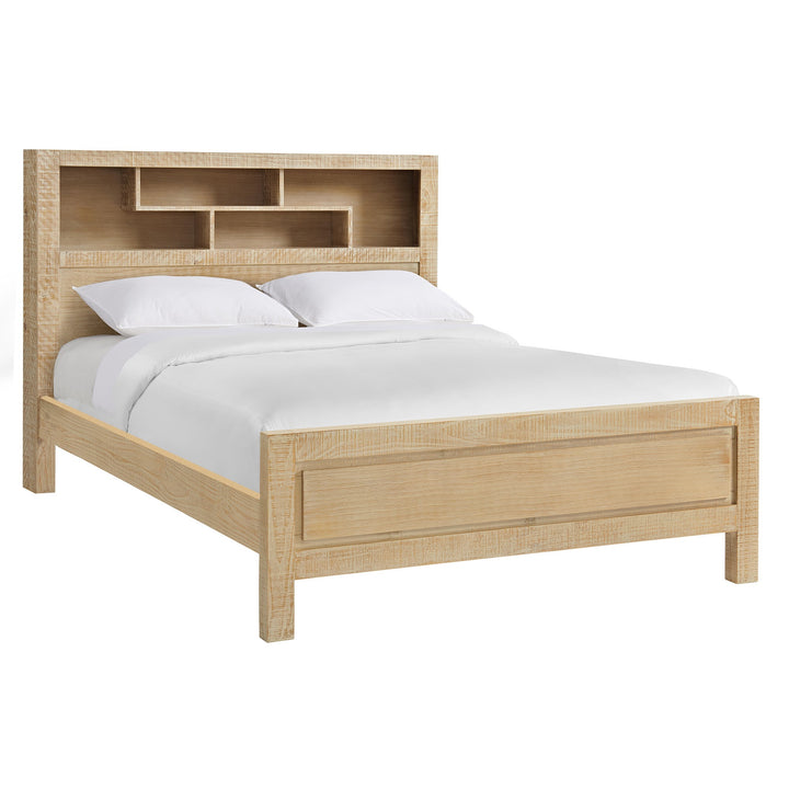Canton Timber Queen Bed with an in-built bookcase in Breeze finish, highlighting the blend of style and function