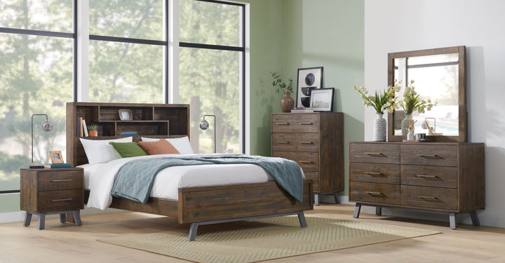 Paterson Timber King Bed with seamlessly integrated bookcase in the refined Heritage Wharf finish
