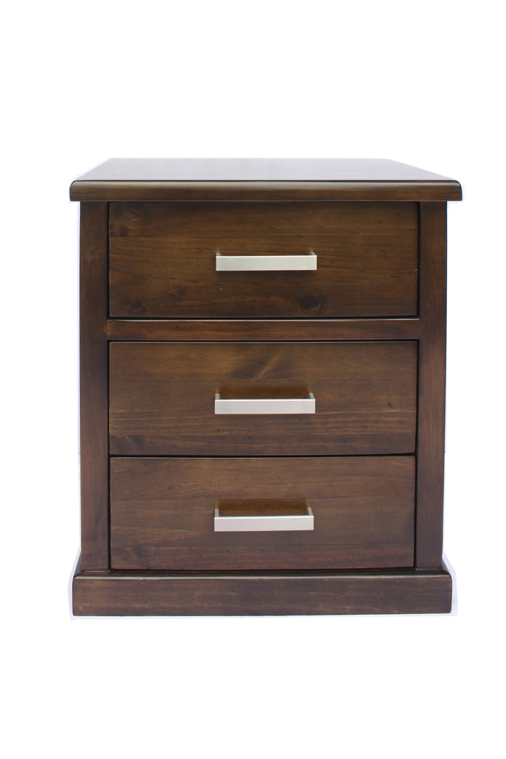 Queenstown Timber 3-Drawer Bedside bathed in a Rich Mocha Finish
